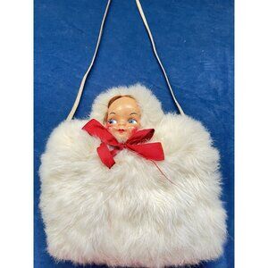 1940s Girl's White Rabbit Fur Hand Muff Doll Face Hand Warmer String Around Neck